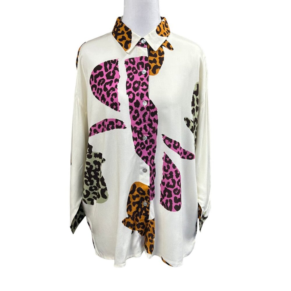 Parfois Blouse Womens Size Medium Artsy Abstract Leopard Print Half Sleeve
